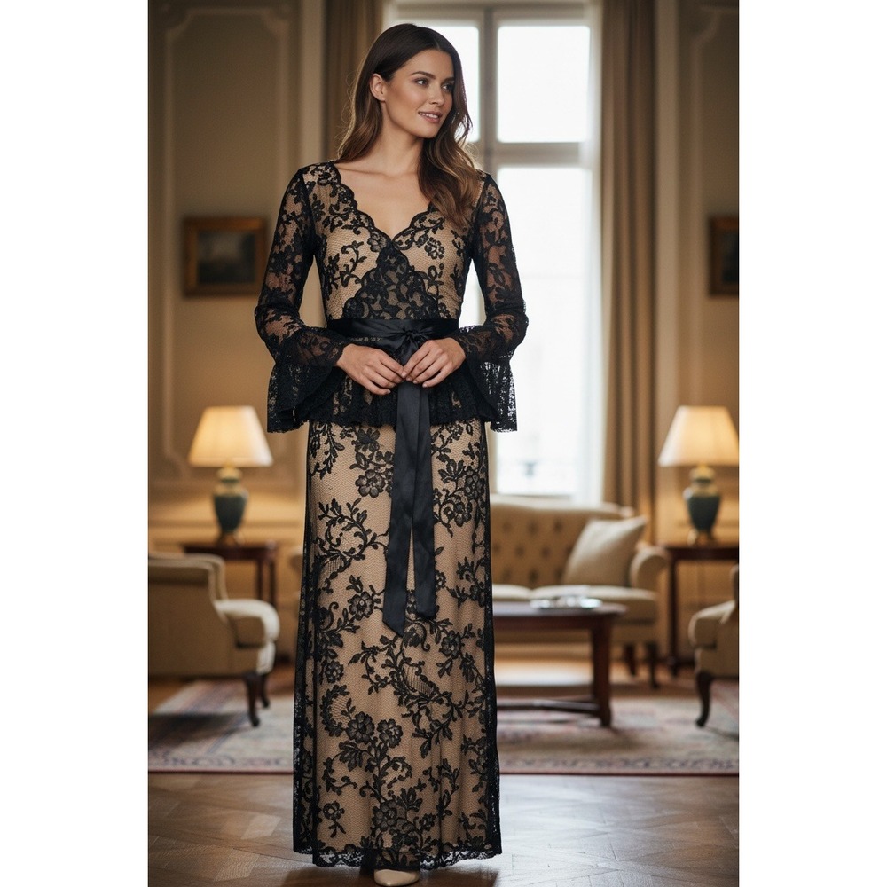 Vintage Castillo Paris I. Magnin Paris Label Collab Black Lace Maxi Dress